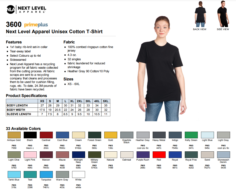 Next Level T-Shirt Specs