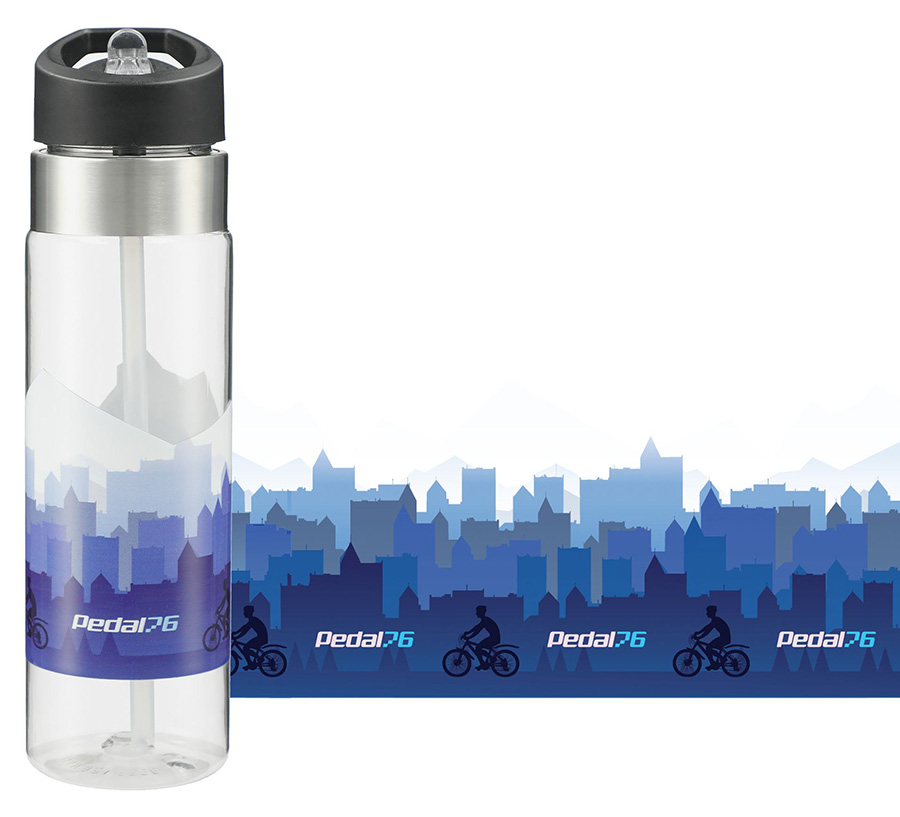 Photo illustration of wrap-around printing on a clear bottle